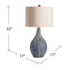 Table Lamp, 32 in Tall, Navy Ceramic with Gray Linen Shade