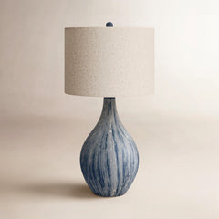 Table Lamp, 32 in Tall, Navy Ceramic with Gray Linen Shade
