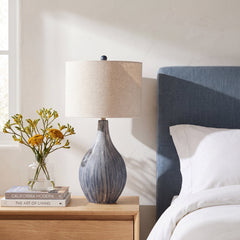 Table Lamp, 32 in Tall, Navy Ceramic with Gray Linen Shade