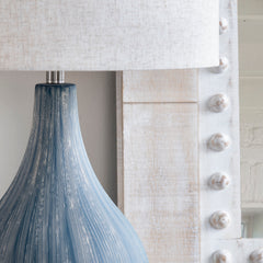 Table Lamp, 32 in Tall, Navy Ceramic with Gray Linen Shade