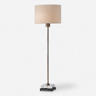 Table Lamp, 34 Inch Tall, Antique Brass Base with Beige Linen Shade