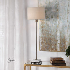 Table Lamp, 34 Inch Tall, Antique Brass Base with Beige Linen Shade