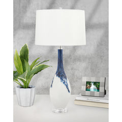 Table Lamp, Blue and White with White Drum Shade