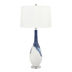 Table Lamp, Blue and White with White Drum Shade