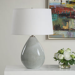 Table Lamp, Ceramic Base with Gray Drip Glaze and White Linen Shade