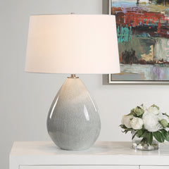 Table Lamp, Ceramic Base with Gray Drip Glaze and White Linen Shade