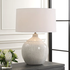 Table Lamp, Ceramic with White Glaze and Brushed Nickel Accents