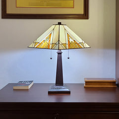 Table Lamp, Dark Brown Metal Base with Beige/Brown Stained Glass Shade