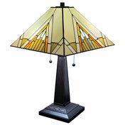 Table Lamp, Dark Brown Metal Base with Beige/Brown Stained Glass Shade