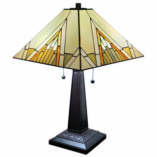 Table Lamp, Dark Brown Metal Base with Beige/Brown Stained Glass Shade