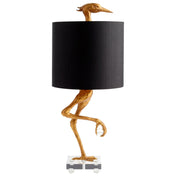 Table Lamp, Gold Resin and Crystal Bird Base with Black Drum Shade