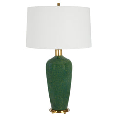 Table Lamp, Green Ceramic Base with White Linen Drum Shade