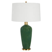 Table Lamp, Green Ceramic Base with White Linen Drum Shade
