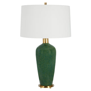 Table Lamp, Green Ceramic Base with White Linen Drum Shade