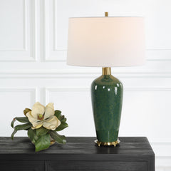 Table Lamp, Green Ceramic Base with White Linen Drum Shade