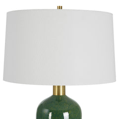 Table Lamp, Green Ceramic Base with White Linen Drum Shade