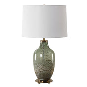 Table Lamp, Green Glass with White Linen Shade