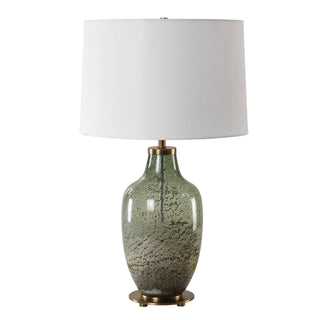 Table Lamp, Green Glass with White Linen Shade