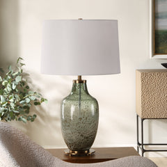 Table Lamp, Green Glass with White Linen Shade