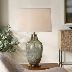 Table Lamp, Green Glass with White Linen Shade