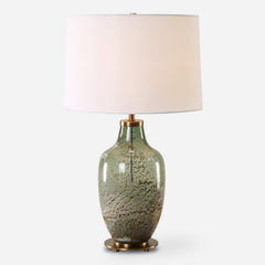 Table Lamp, Green Glass with White Linen Shade