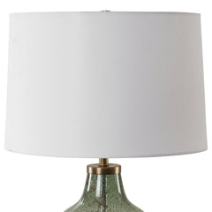 Table Lamp, Green Glass with White Linen Shade