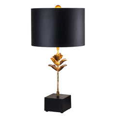 Table Lamp in Antiqued Gold with Black Drum Shade