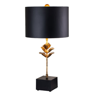 Table Lamp in Antiqued Gold with Black Drum Shade