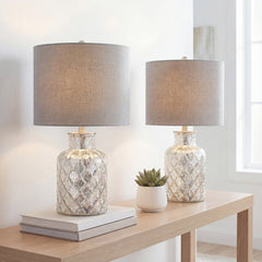 Table Lamp, Mercury Silver Glass Base with Gray Linen Shade