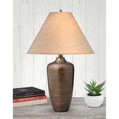 Table Lamp, Single Light, Hammered Bronze with Paper Shade