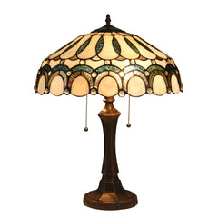 Table Lamp, Stained Glass Shade in White and Green with Dark Bronze Base