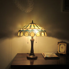 Table Lamp, Stained Glass Shade in White and Green with Dark Bronze Base