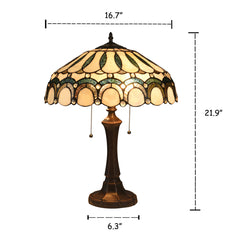 Table Lamp, Stained Glass Shade in White and Green with Dark Bronze Base