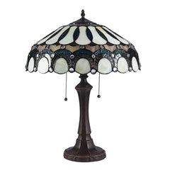 Table Lamp, Stained Glass Shade in White and Green with Dark Bronze Base