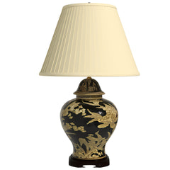 Table Lamp, Temple Jar Style, Black with White Floral Design