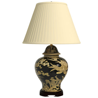 Table Lamp, Temple Jar Style, Black with White Floral Design