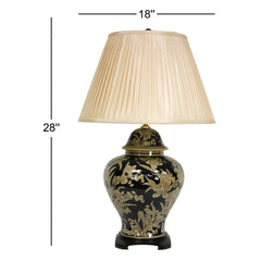 Table Lamp, Temple Jar Style, Black with White Floral Design