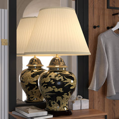 Table Lamp, Temple Jar Style, Black with White Floral Design
