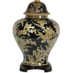 Table Lamp, Temple Jar Style, Black with White Floral Design
