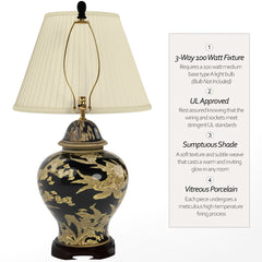 Table Lamp, Temple Jar Style, Black with White Floral Design