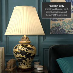 Table Lamp, Temple Jar Style, Black with White Floral Design