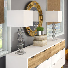 Table Lamp, Two-Light, Clear Base with Off-White Square Shade
