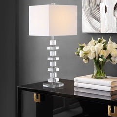 Table Lamp, Two-Light, Clear Base with Off-White Square Shade