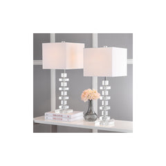 Table Lamp, Two-Light, Clear Base with Off-White Square Shade