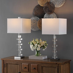 Table Lamp, Two-Light, Clear Base with Off-White Square Shade
