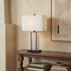 Table Lamp, White Alabaster Base with Black Metal Accents