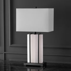 Table Lamp, White Alabaster Base with Black Metal Accents