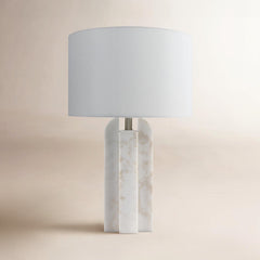 Table Lamp, White Marble Base with Linen Drum Shade