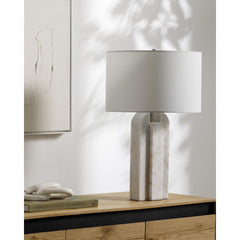 Table Lamp, White Marble Base with Linen Drum Shade