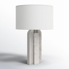 Table Lamp, White Marble Base with Linen Drum Shade